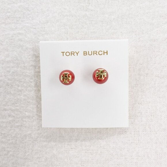Tory Burch Kira Pearl Stud Earrings Red OS - Picture 7 of 12